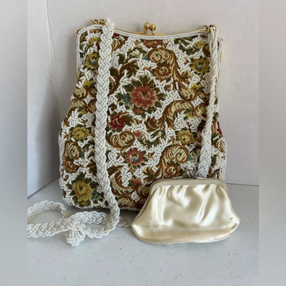 Walborg Vintage Beaded Tapestry Kiss-Lock Shoulder/Crossbody + Coin Purse - Picture 1 of 14